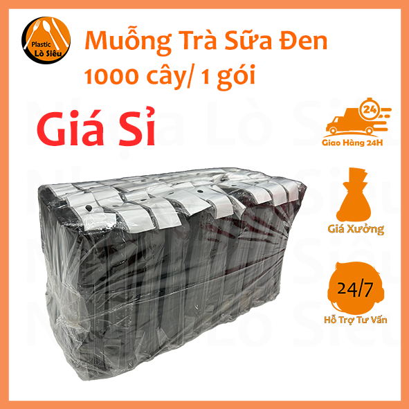 1000 cây muỗng đen 20cm sử dụng một lần, thìa muỗng nhựa cán dài,trà sữa, giá rẻ màu đen.