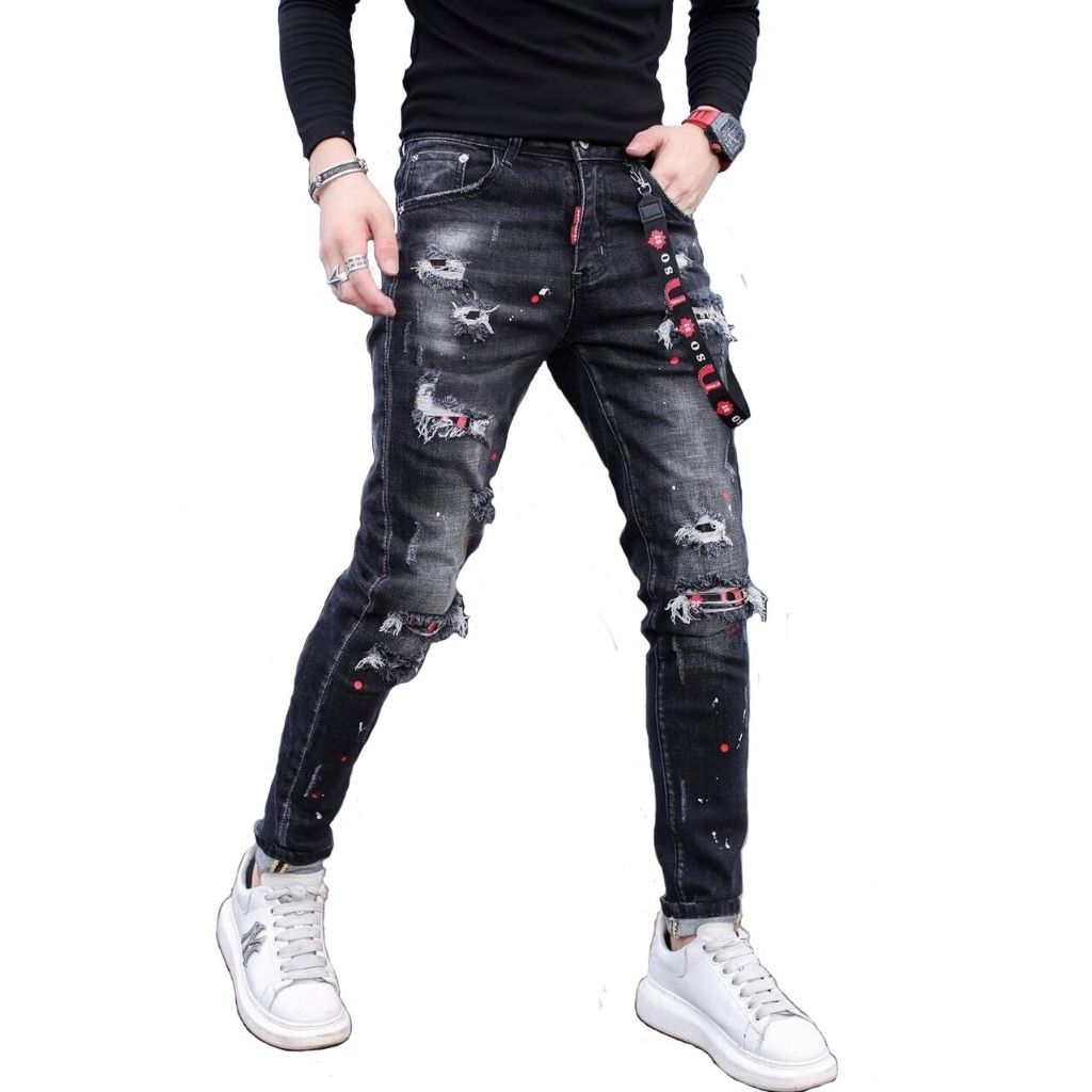 Quần jean nam chất bò wash rách phối vảy sơn cá tính mặc đẹp khỏi chê thời trang xumon kj779