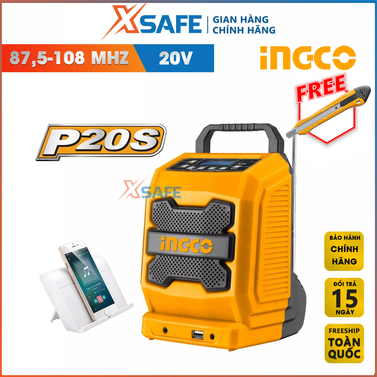 Radio công trường dùng pin Lithium 20V INGCO CJRLI2001 Radio cầm tay Tay cầm phụ 3,5mm Đầu ra loa 3W Bluetooth 40 Không bao gồm pin và bộ sạc