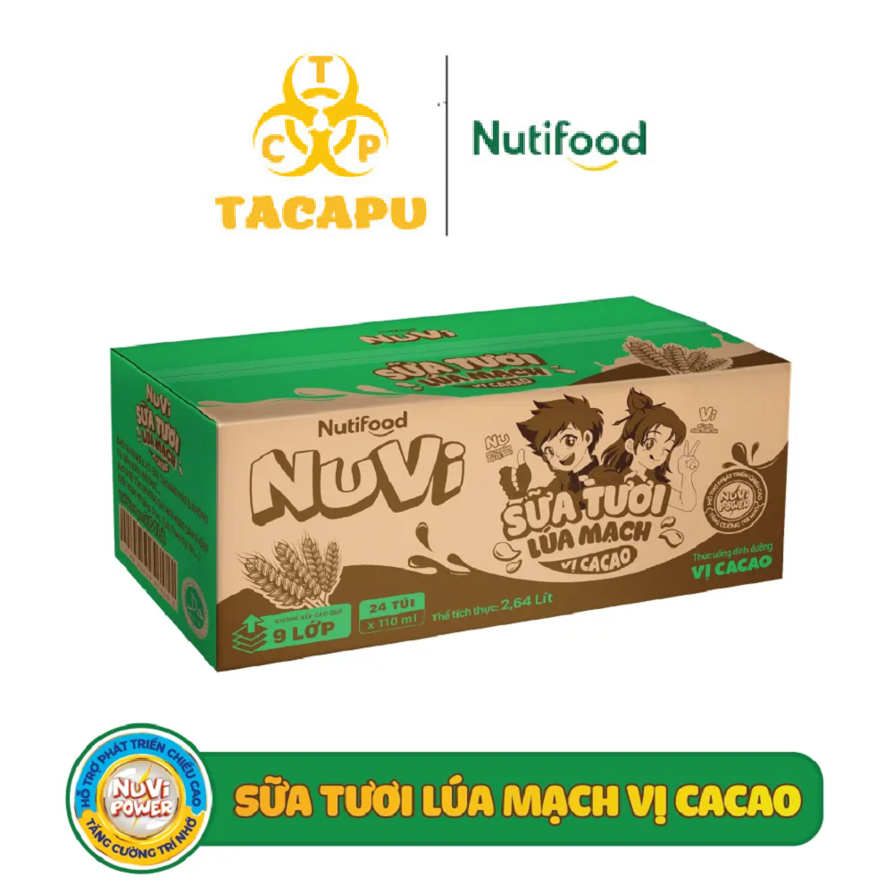Thùng 24 túi NuVi Sữa Tươi Lúa mạch Lắc vị Cacao túi NuVi Power 110 ml TU.NLLT110AZ - Thương Hiệu NUTIFOOD - TACAPU