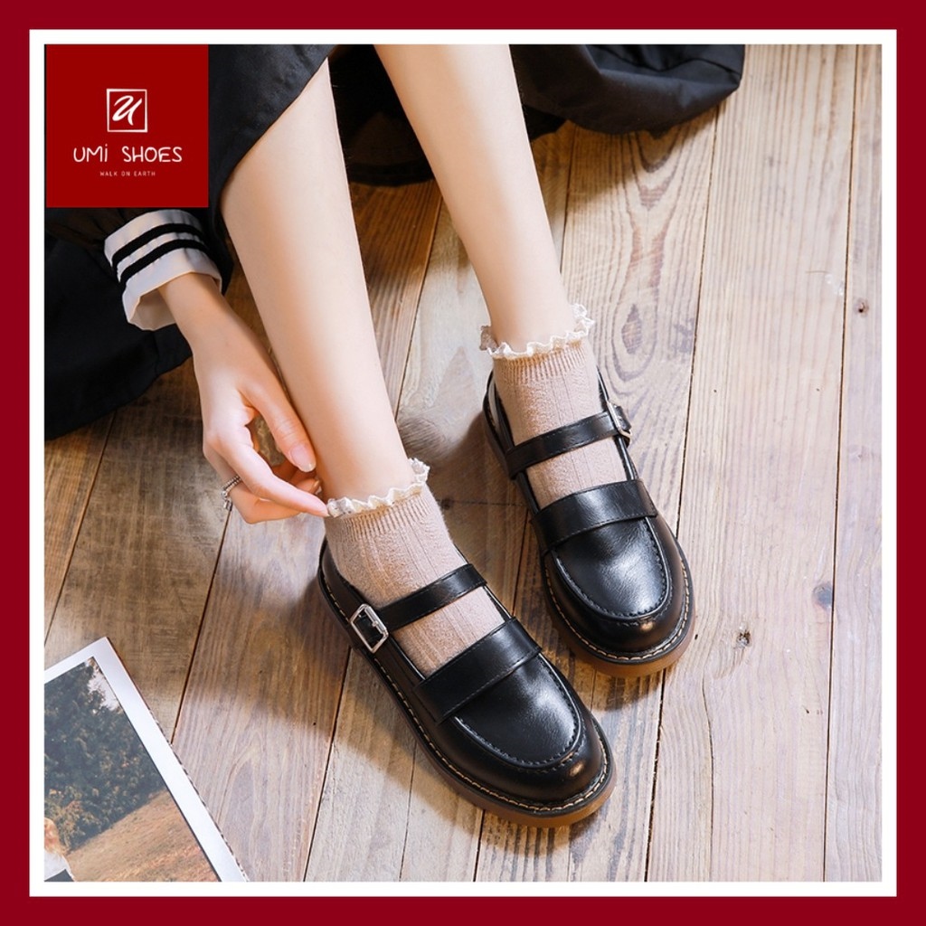 ▧✴卍  [CÓ SẴN] Giày oxford nữ LOLITA RETRO đơn giản 2 màu đen/nâu mũi tròn khâu viền chắc chắn bền đẹp mới quai cài đế bằng