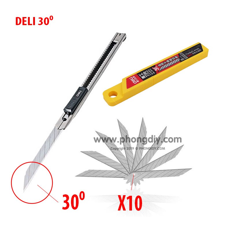 Combo dao cắt giấy deli + hộp lưỡi dao 30 độ