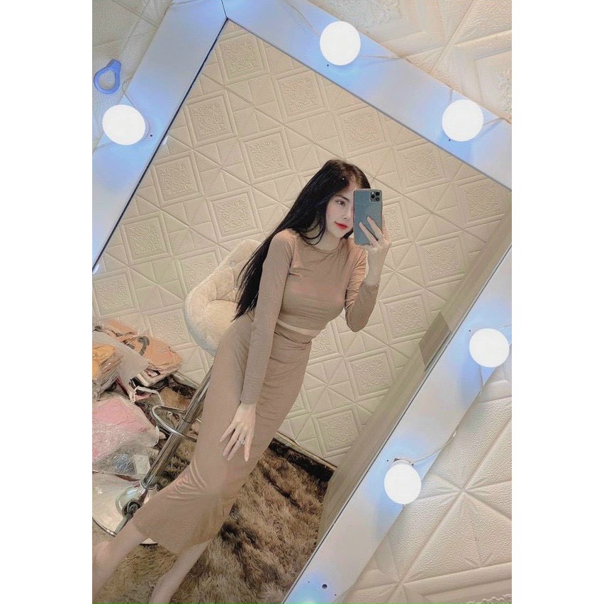 Siêu xinh set áo croptop tay dài chân váy dài dáng bút chì