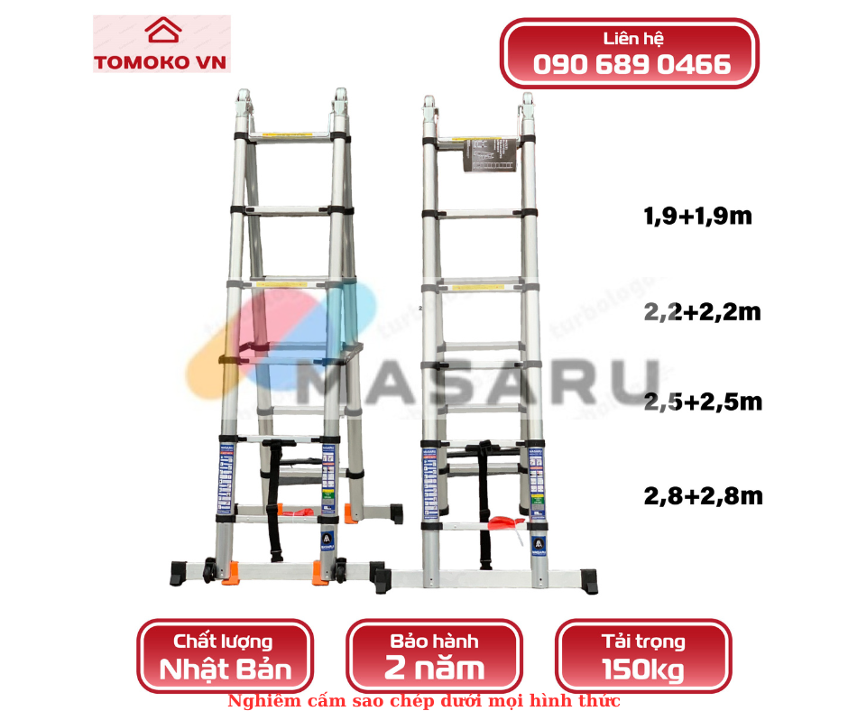 Thang nhôm rút xếp đôi chính hãng phiên bản pro 2 bánh xe