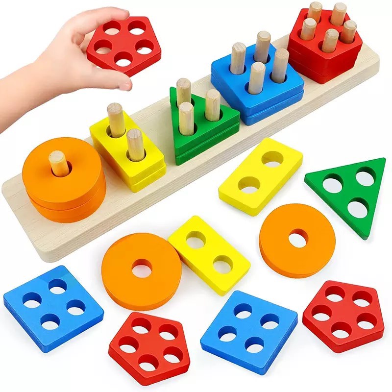 Đồ chơi xếp hình các khối gỗ giúp bé nhận biết màu sắc hình khối benrikids
