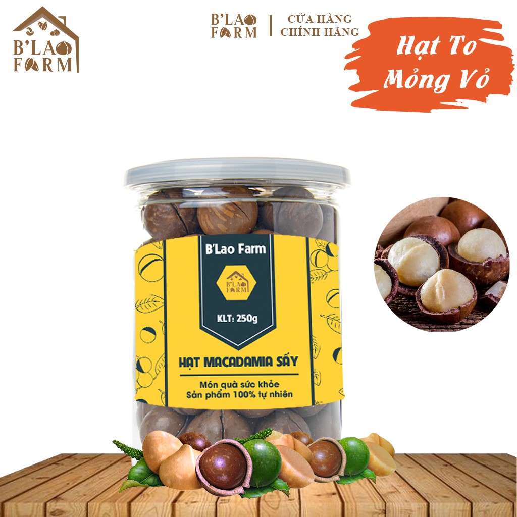 Hạt macca sấy nứt vỏ b'lao farm loại 1 xuất xứ lâm đồng dạng hũ 250g m2