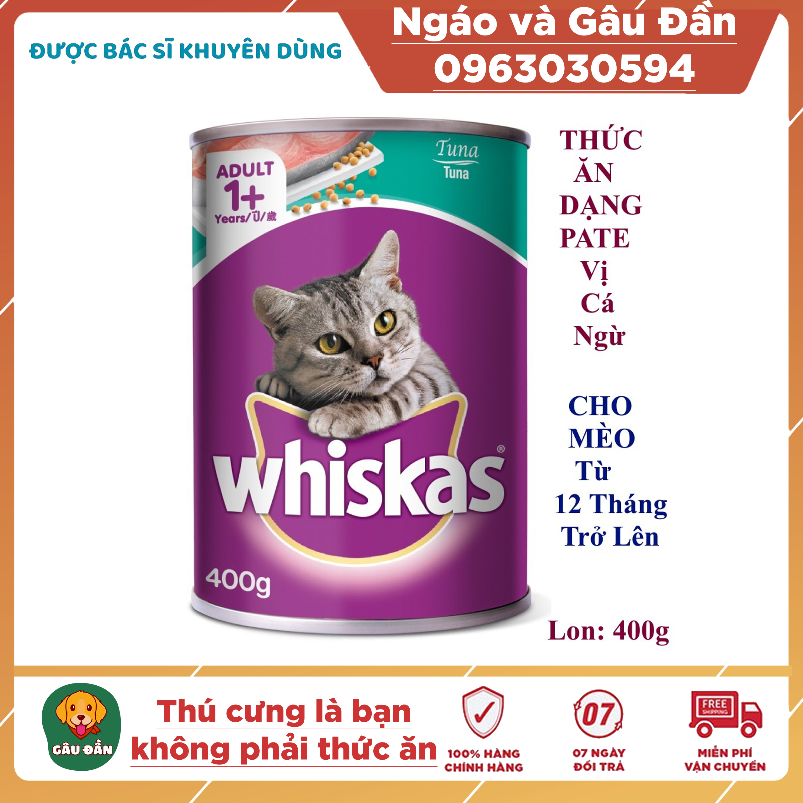 Thức ăn Pate cho mèo trưởng thành Whiskas lon 400gr Vị cá ngừ