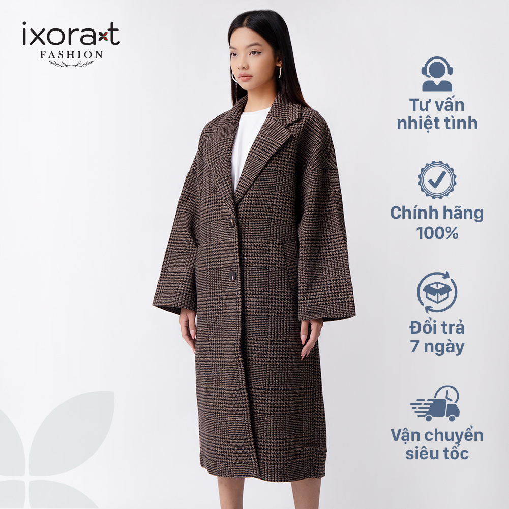 Áo khoác dạ mango IXORAT FASHION- Áo khoác dáng dài họa tiết caro, cổ ve lật, có túi hai bên, vạt đắp chéo nút cài trước