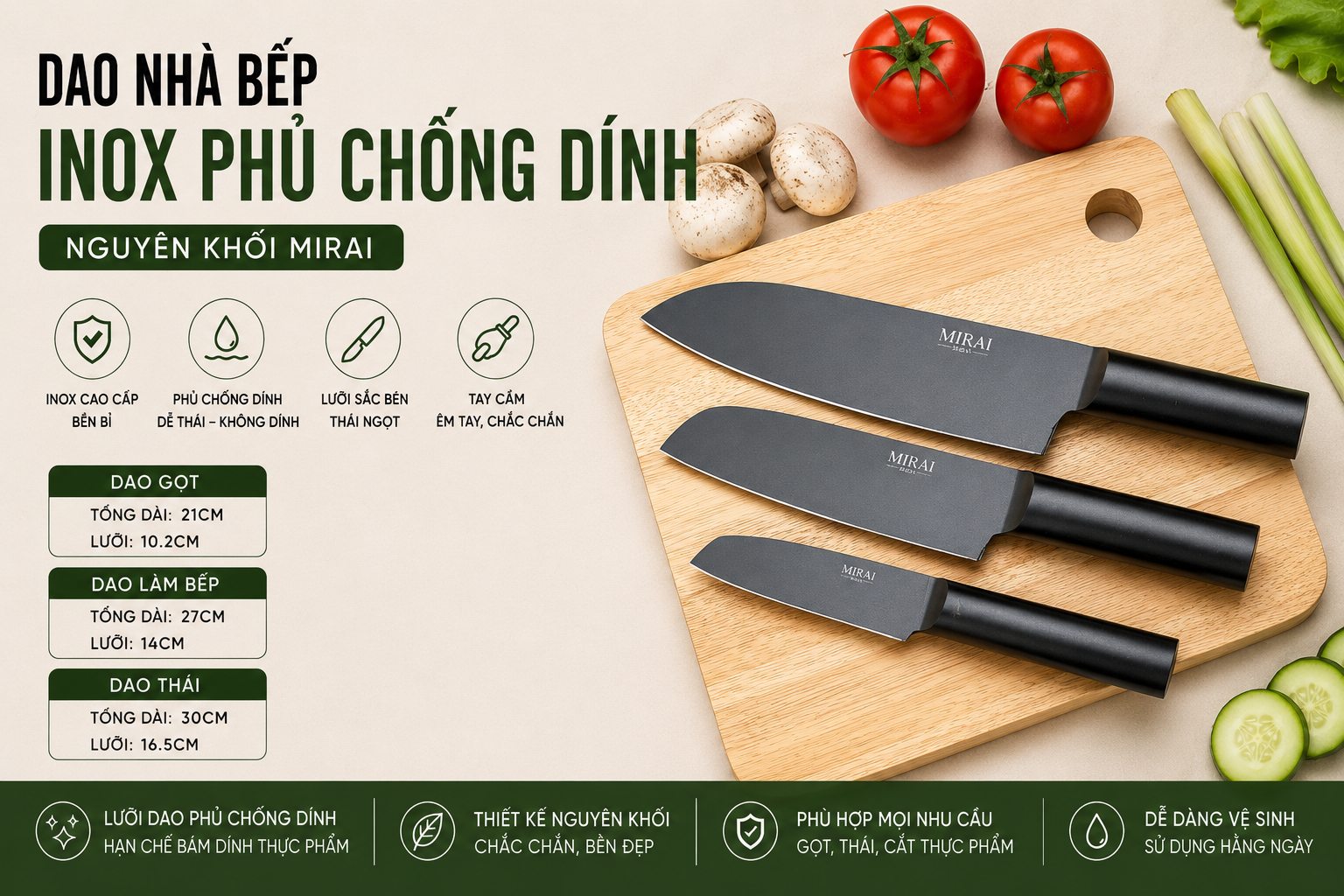 DAO LÀM BẾP CHẤT LIỆU INOX PHỦ CHỐNG DÍNH SANTOKU MIRAI