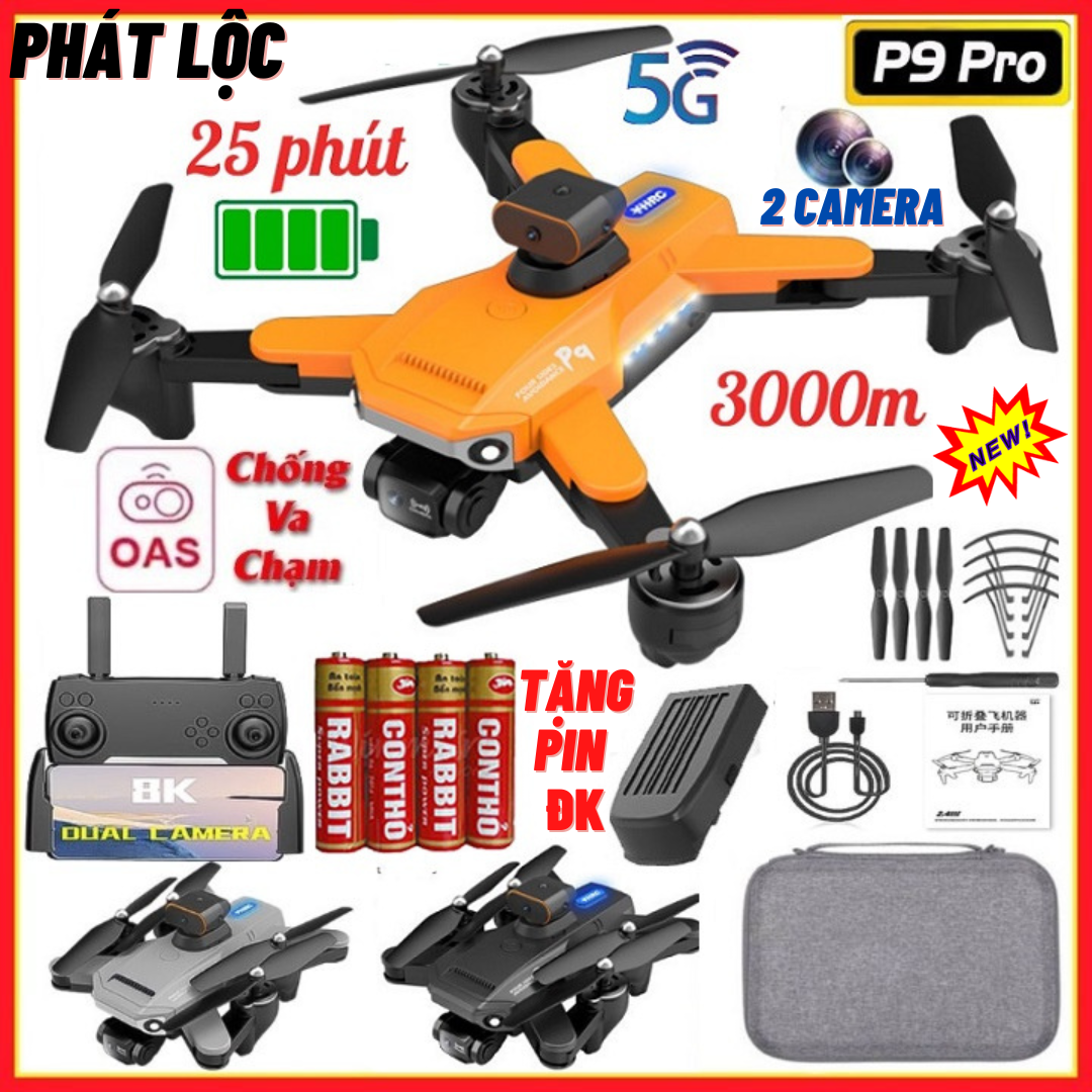 Fly cam Giá Rẻ Drone Mini P9 Pro Max - Máy Bay Điều Khiển Từ Xa 4 Cánh - Flaycam - Máy Bay Flycam - Lai Cam - Playcam - Fly camera 4k - Play camera Cảm Biến Tránh Vật Cản, pin 2500mA bay 25 phút