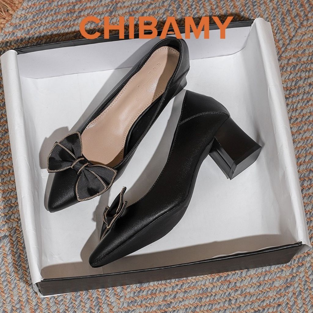 Giày cao gót nữ gót vuông đính nơ CHIBAMY, giày nữ công sở mũi nhọn chất da mềm mã CG02