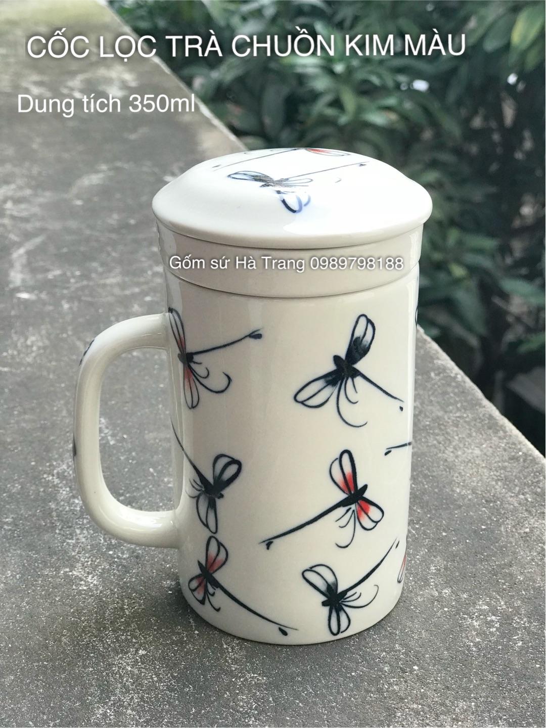 Cốc lọc trà gốm sứ Bát Tràng cao cấp hoạ tiết chuồn kim màu