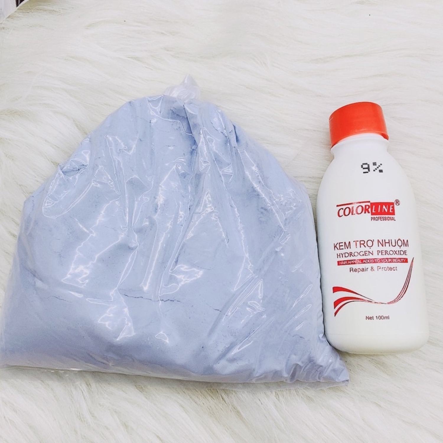Bột tẩy tóc màu xanh tại nhà 100g và Oxi trợ nhuộm colorline 9% 100ml