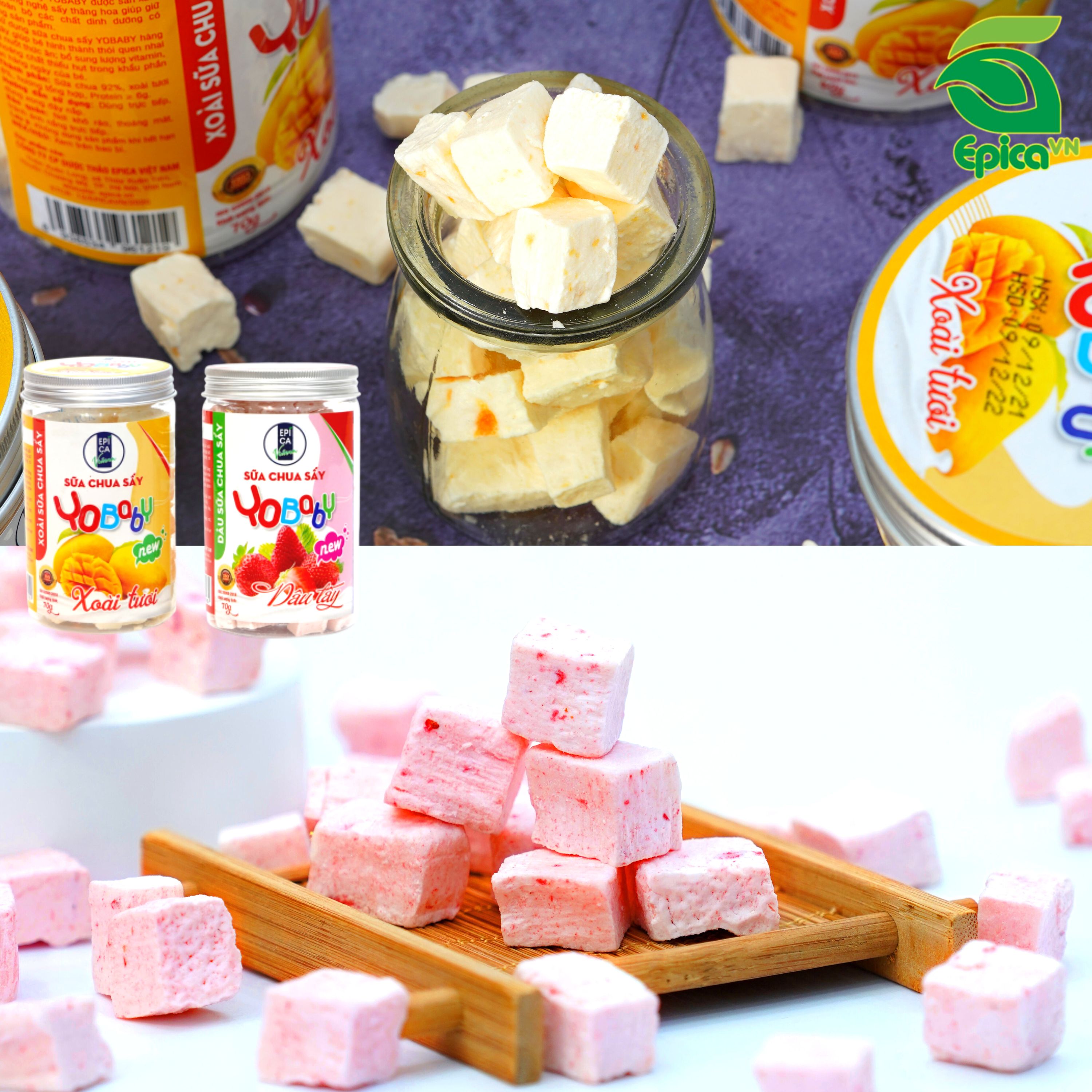 Combo 2 hũ sữa chua sấy (Xoài-Dâu) 45g/70g EPICA (Hũ nhựa nắp nhôm) chua ngọt màu tự nhiên