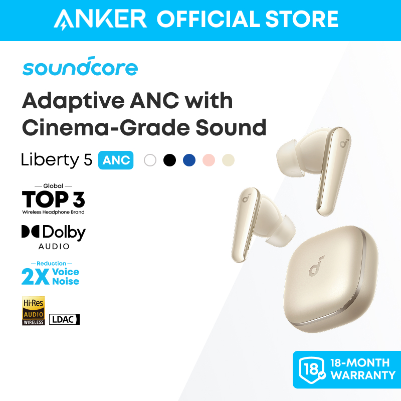Tai Nghe Không Dây Soundcore Liberty 5 by Anker Noise-Cancelling Wireless Earbuds 2x Stronger Voice Reduction Real-Time Adaptive Noise Cancellation Fast Charging Dolby Audio 6-Mic Al Clear Calls Long Battery Life Model: A3957
