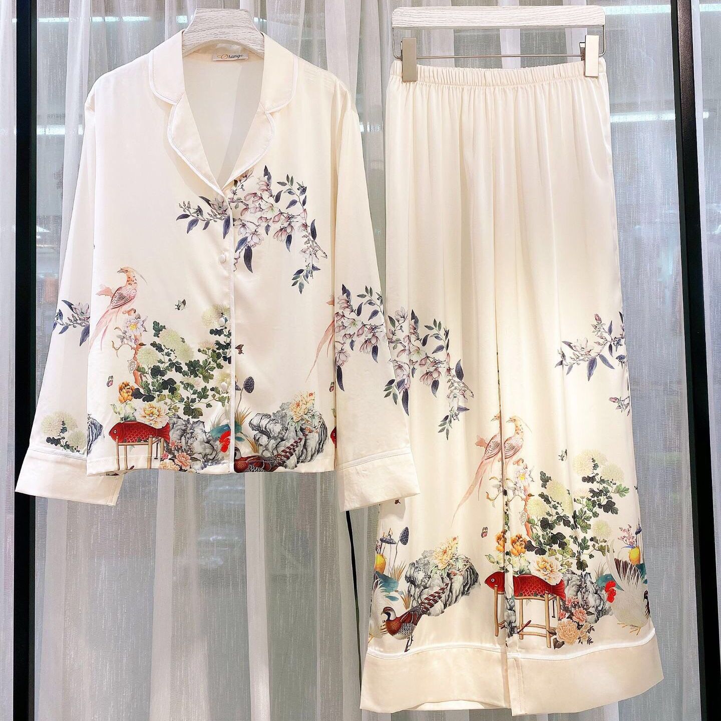 Set đồ ngủ pijama lụa cao cấp phượng phong cảnh, thanh lịch, quần dài , size s, m, l