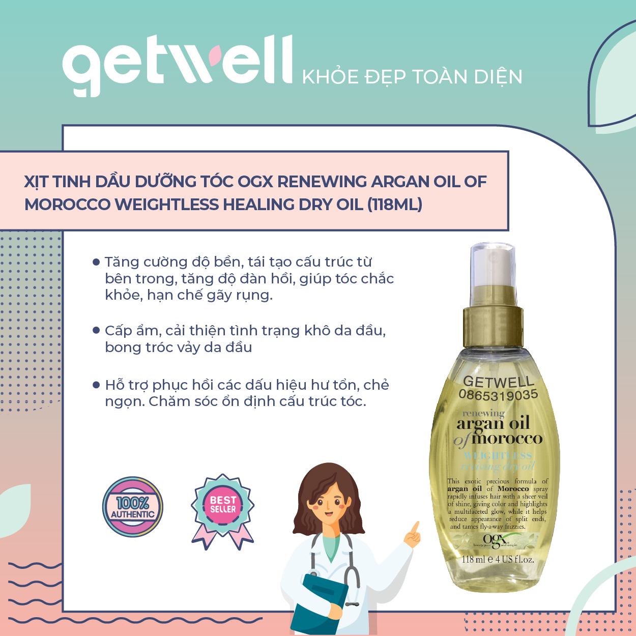 [HCM]Xịt tinh dầu dưỡng tóc OGX Renewing Argan Oil Of Morocco Weightless Healing Dry Oil 118 ml