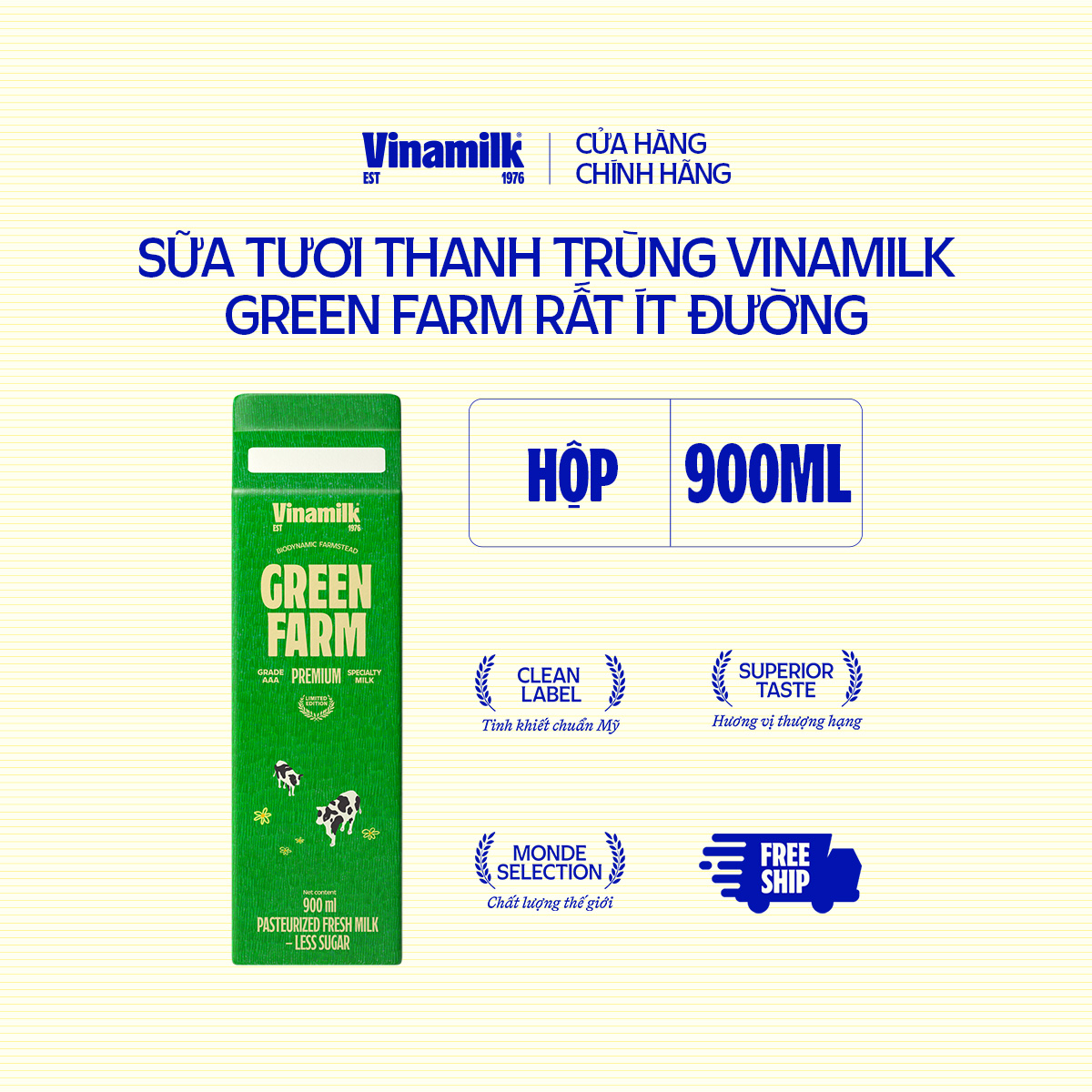 Sữa tươi thanh trùng Vinamilk Green Farm Rất ít đường - Hộp 900ml