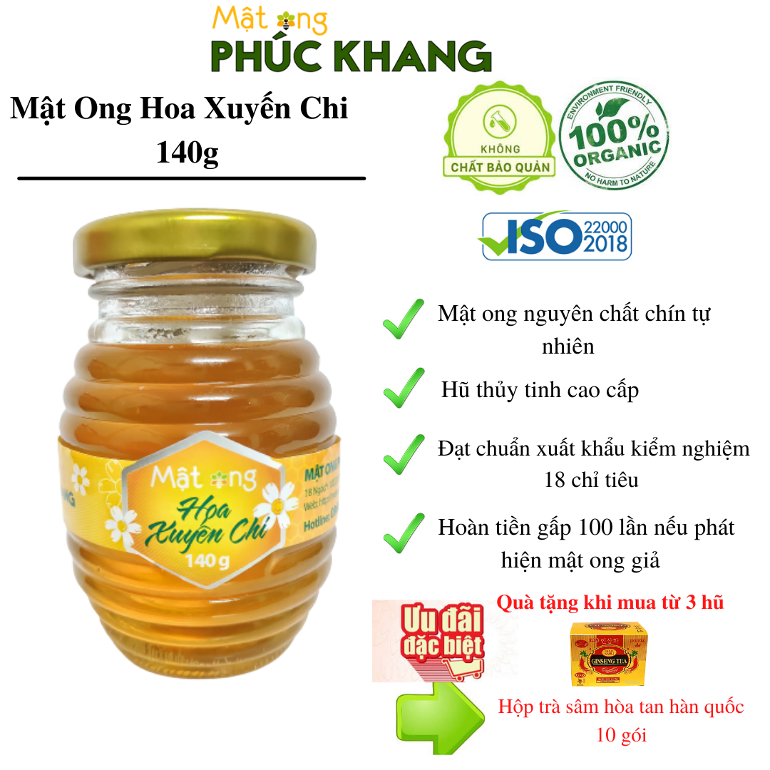 [Hàng Trợ Giá Dùng Thử] Mật ong hoa xuyến chi  cao cấp Phúc Khang 140g - Mật ong nguyên chất - mật ong sạch - Đạt chuẩn  ISO 22000-2018, Không nhiễm kháng sinh, kim loại nặng, An toàn cho người gìa và trẻ nhỏ