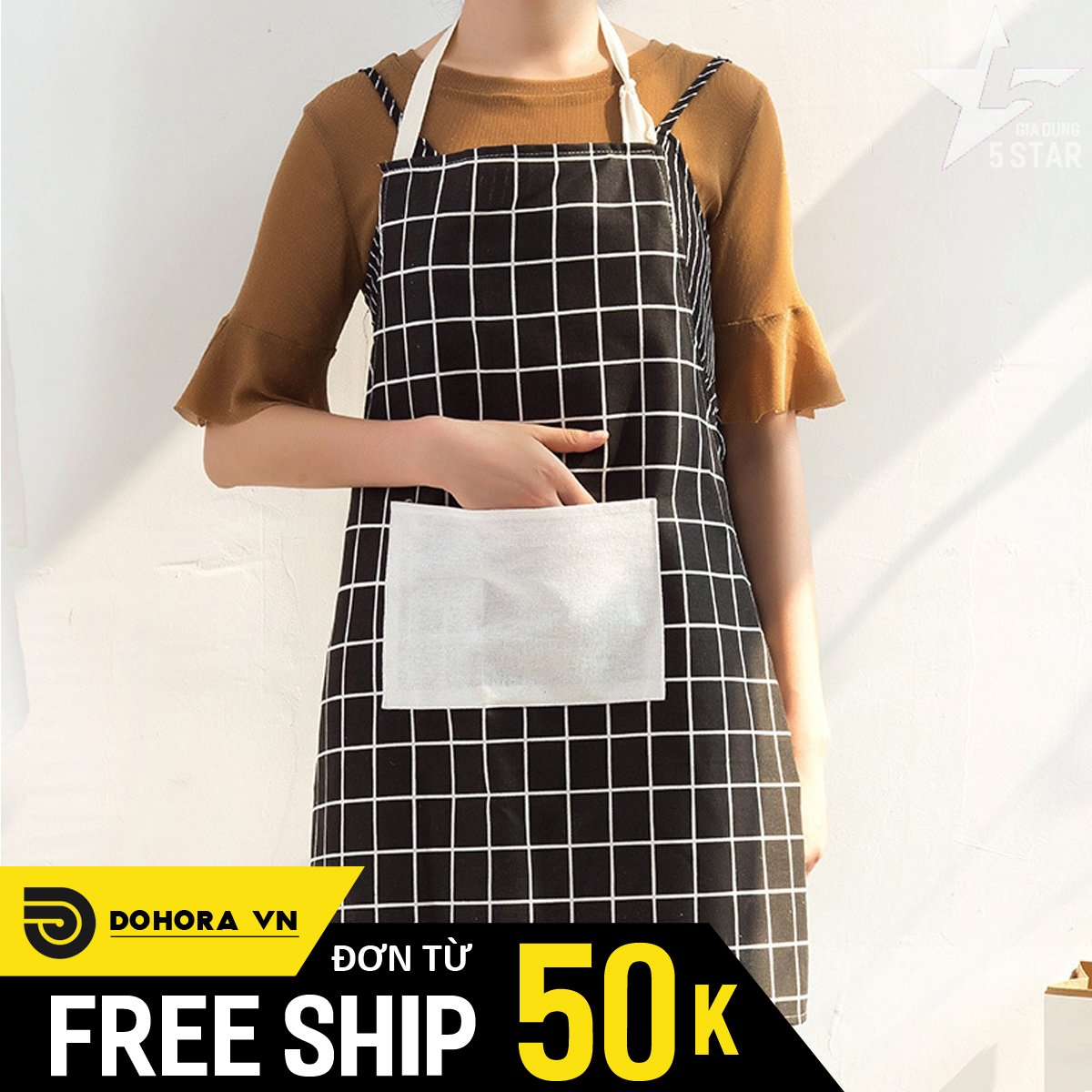 Tạp dề nấu ăn, nội trợ nhà bếp, họa tiết kẻ ô vuông cực đẹp, có túi phía trước tiện lợi, chống thấm nước