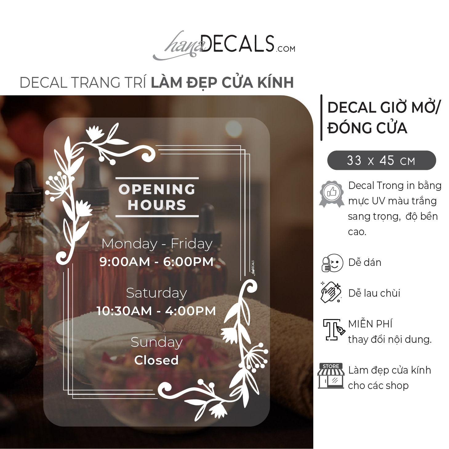 Decal trang trí làm đẹp cửa kính hanadecals. giờ mở cửa - opening hours. tặng kèm thẻ nhựa. mẫu cn03
