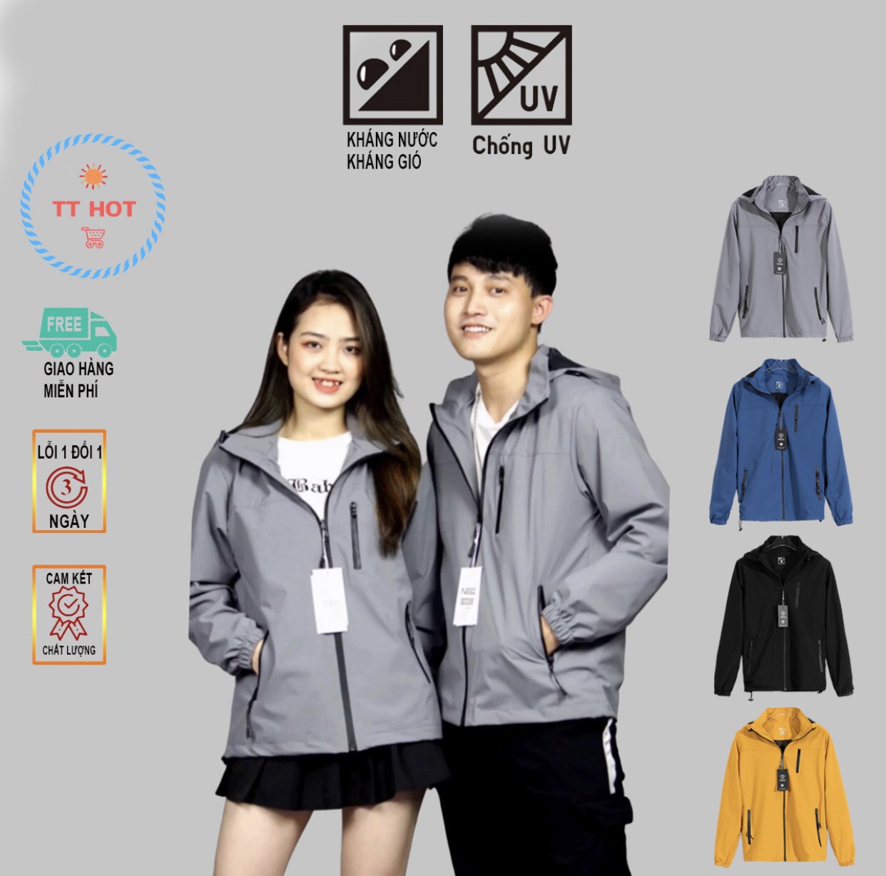 [Hàng cao cấp- Ảnh thật] Áo khoác gió nam nữ 2 lớp vải dày tráng bạc không nhăn chống nước, chống tia UV mũ tháo rời