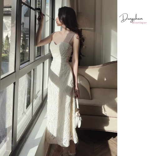Váy hai dây nữ, đầm nữ dáng dài hàng thiết kế, đầm dự tiệc dây đan lưng chất liệu ren cao cấp - anna.store