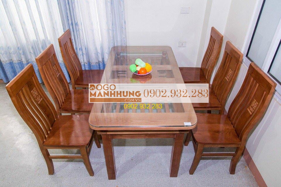 Bộ bàn ăn 6 ghế gỗ xoan đào - mẫu 2 tầng