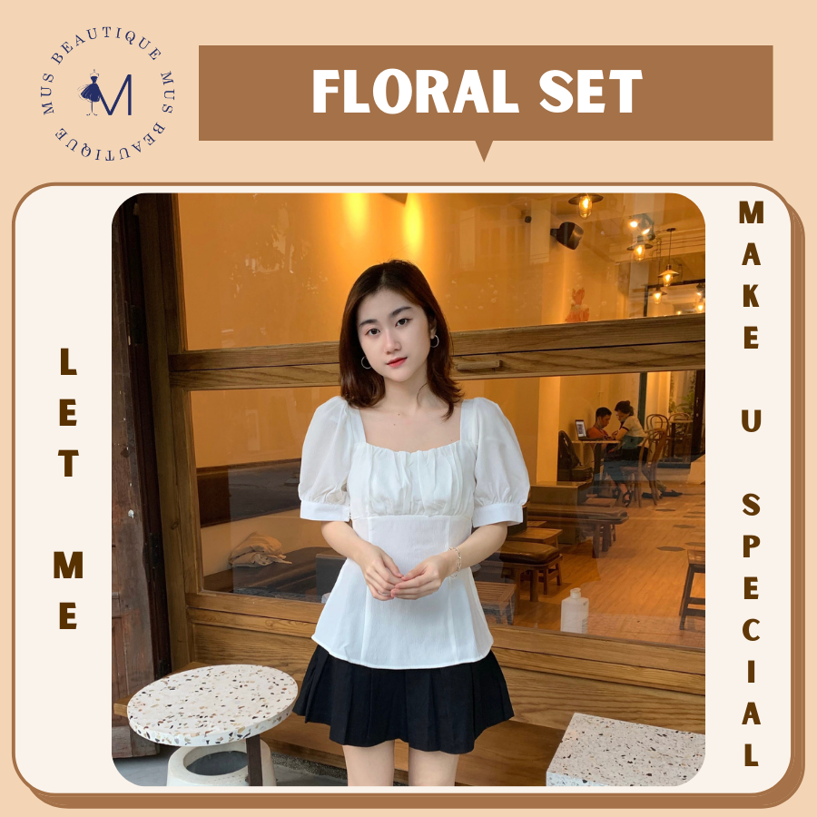 Áo cổ vuông hoa tiết dập hoa nổi mus floral top