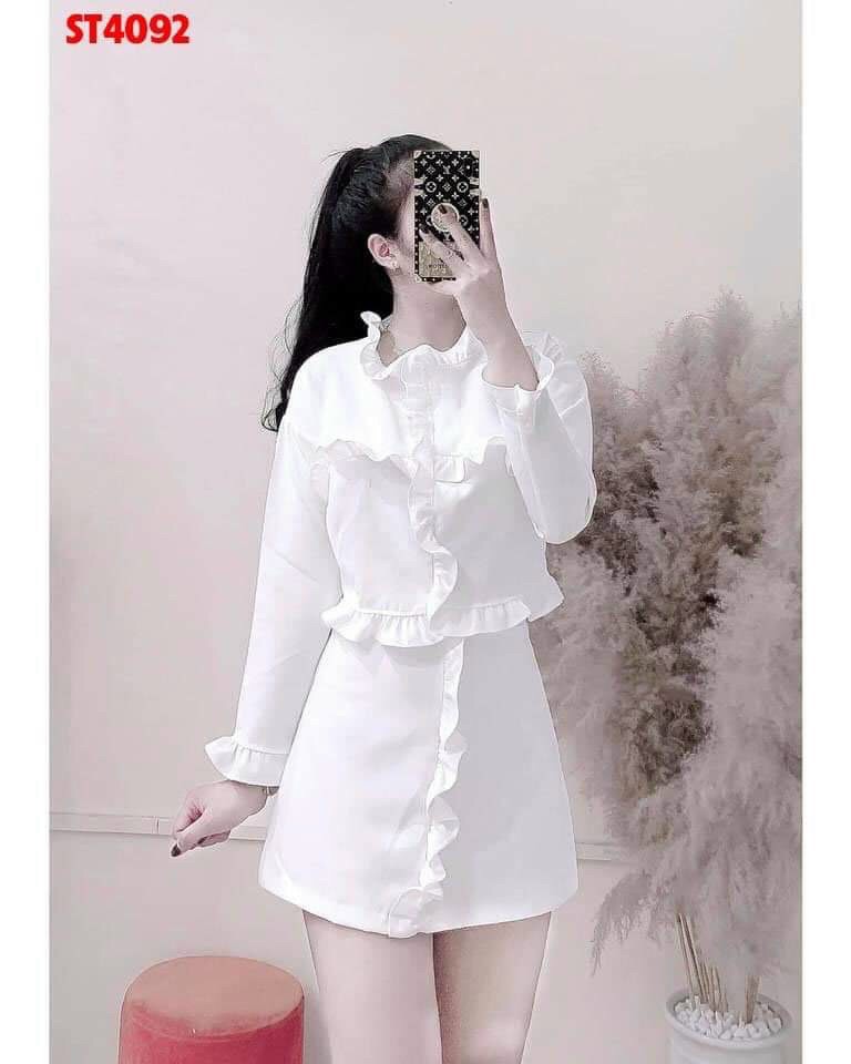Sét áo tay dài , bèo cổ kèm chân váy dịu dàng sang chảnh