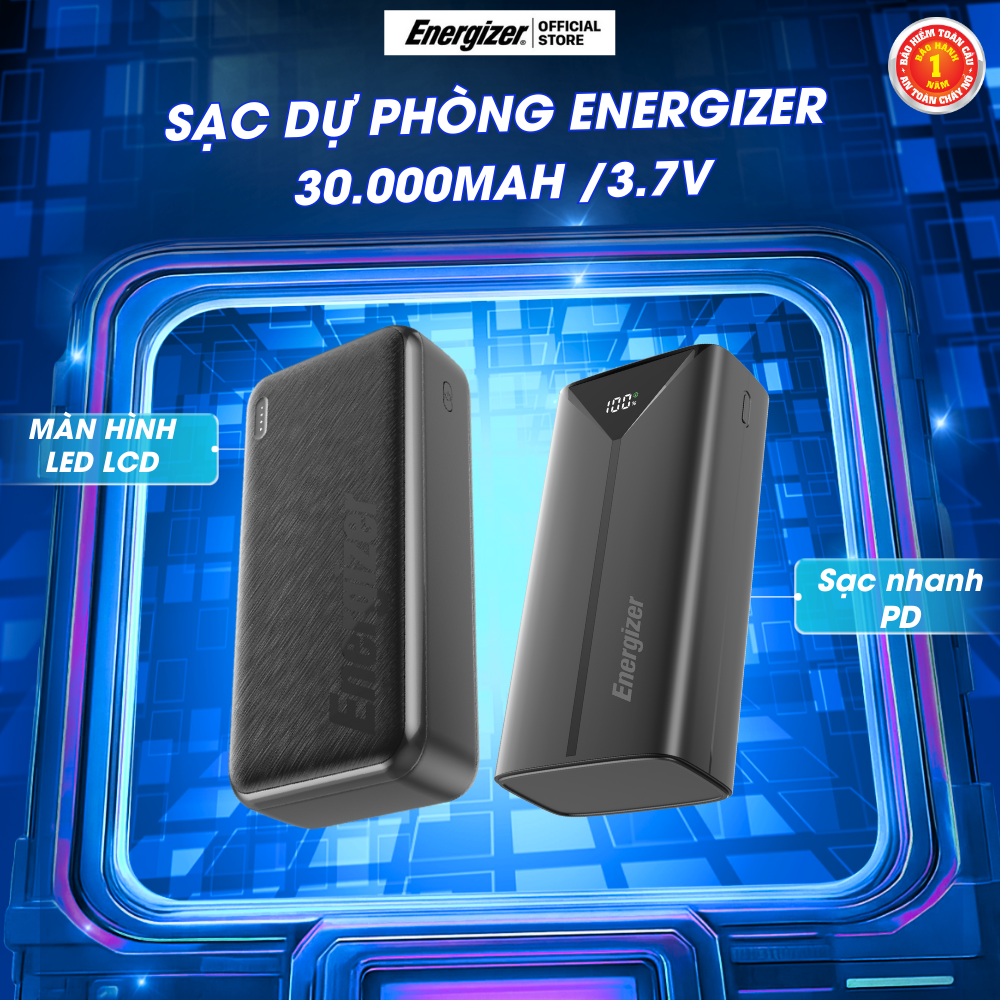 Pin sạc dự phòng cao cấp Energizer 30000mAh 22.5W 3.7V chính hãng sạc nhanh 3 cổng sạc ra tiện lợi bảo hành 1 năm