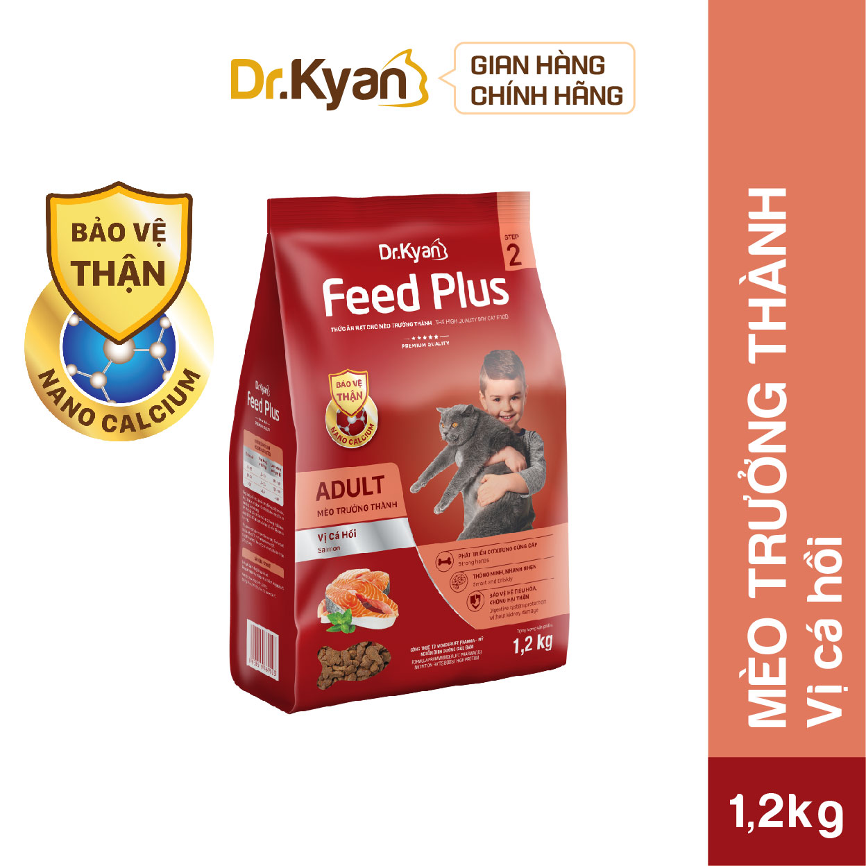 Dr.kyan - thức ăn hạt cho mèo lớn feed plus - adutl 1,2 kg - vị cá hồi