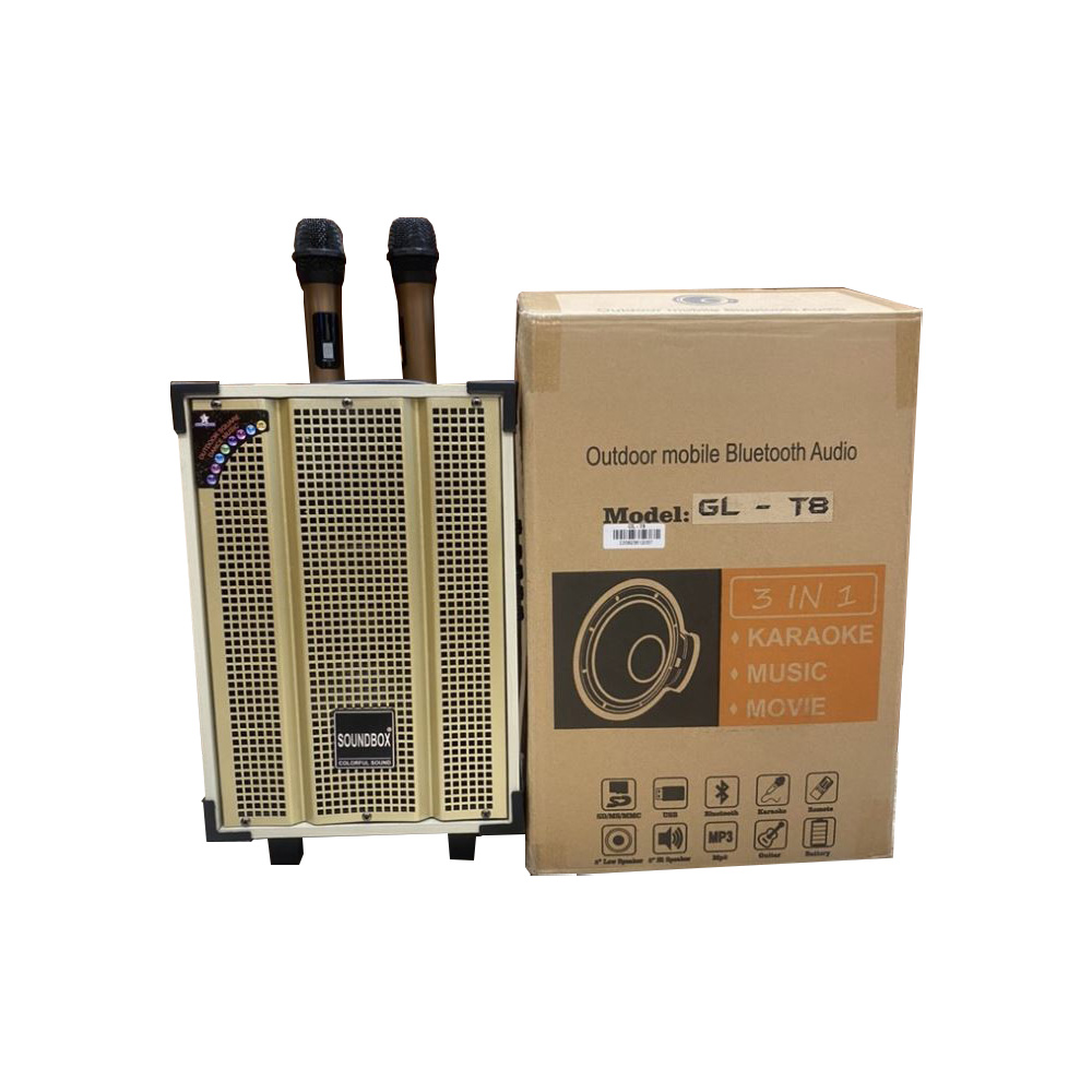 Loa kéo karaoke soundbox gl-t8, loa kẹo kéo công suất lớn, loa hát karaoke gia đình bass 30cm, loa kẹo kéo có 2 mic hát karaoke công suất 250w, chỉnh echo - bass - treble - delay, hát cực hay