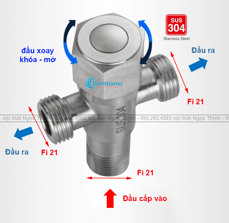 [SALE RẺ]Van T cầu inox 304 giảm áp 2 nhánh nước ra phi nối 21mm