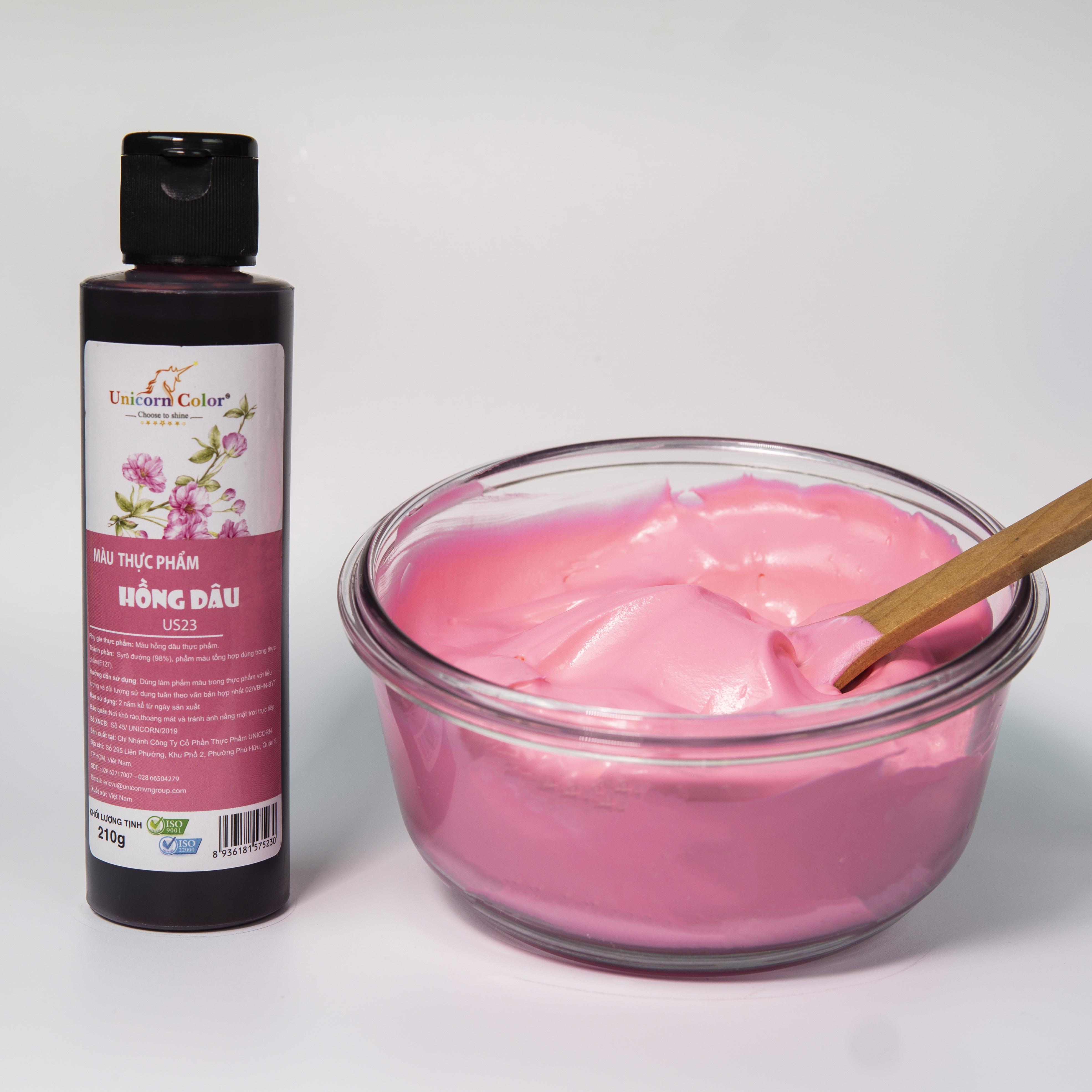 Màu thực phẩm Siro UNICORN  Không đắng - Màu hồng dâu A23 lọ 210gr - Chuyên dụng trong bánh kem, bánh kẹo, món ăn, đồ uống... đạt đạt tiêu chuẩn ISO22000:2018