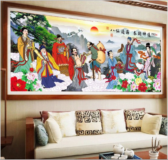 KT 150x67 cm Tranh đinh hạt tròn đính kín chưa đính Bát Tiên Vân Du, Các Hiển Thần Thông QL0003