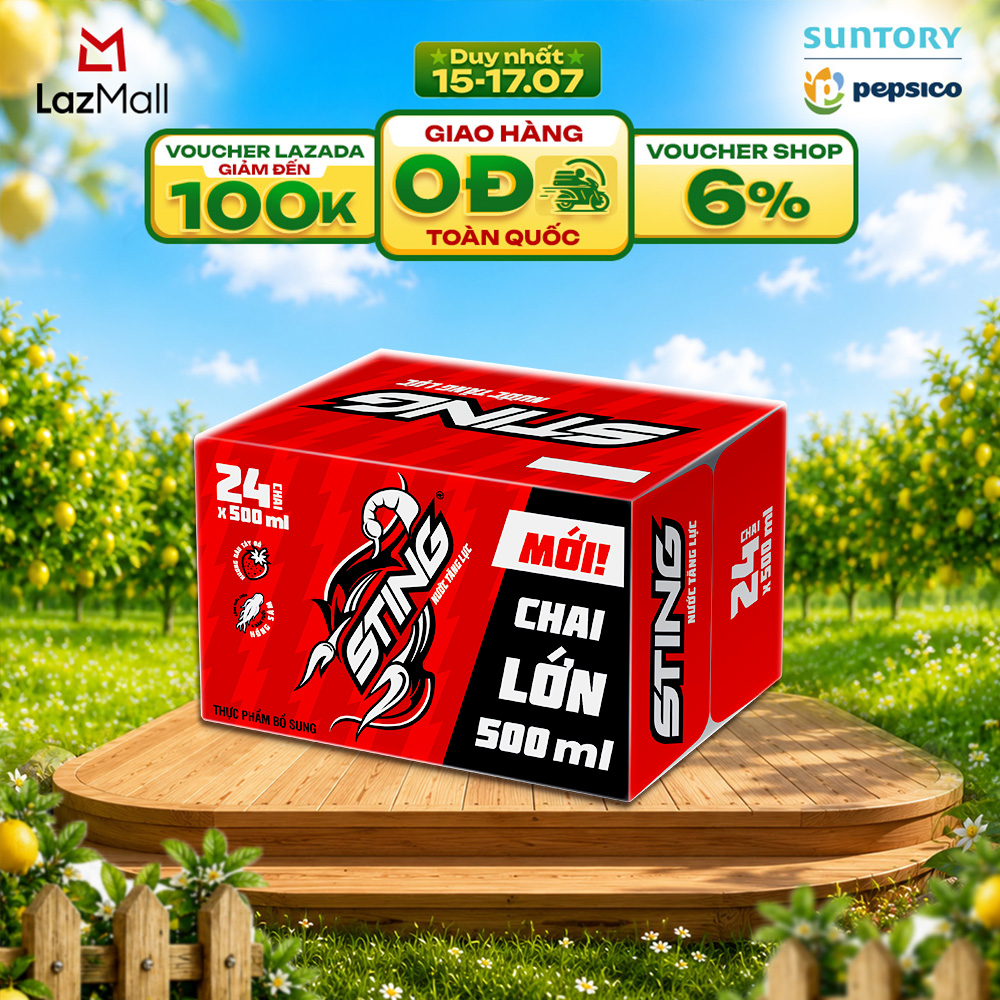 [SALE 15.7] Thùng 24 Chai Nước Tăng Lực Sting Dâu (500ml/chai)