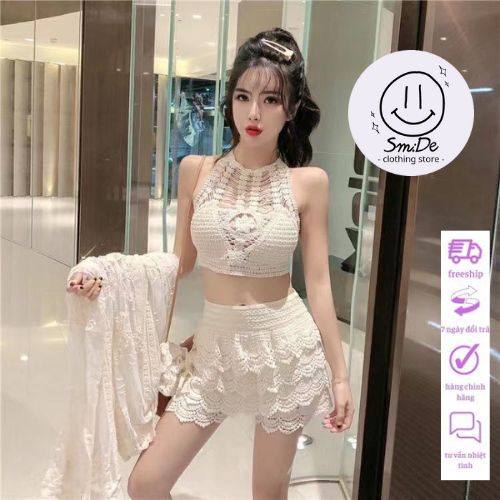 Set ren đi biển áo cổ yếm quần ren tầng khoác thêu họa tiết kiểu 15 | smide clothing