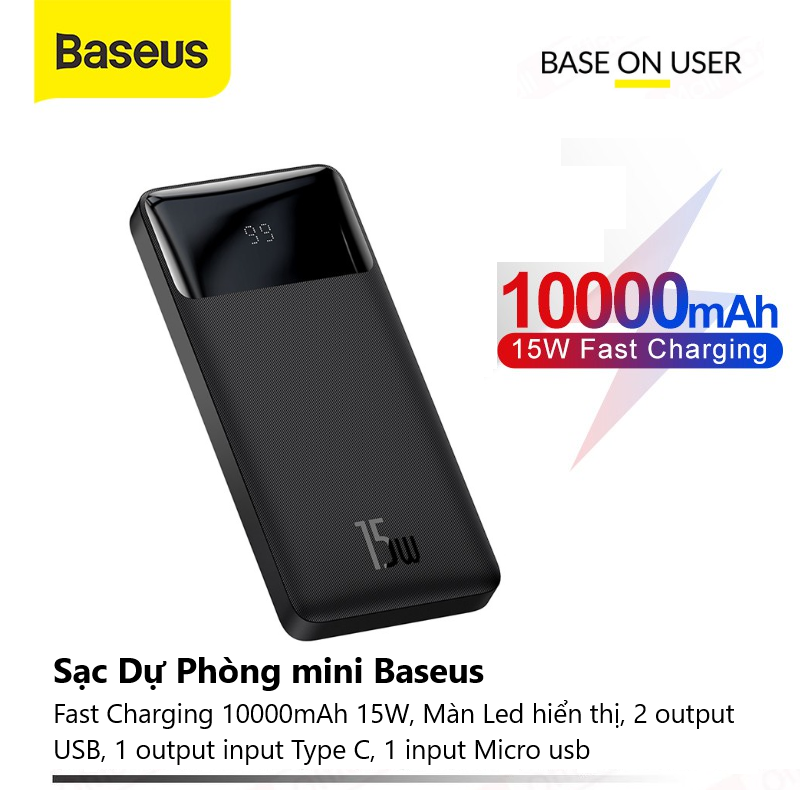 Sạc Dự Phòng mini Baseus 15W/20W Fast Charging 10000mAh Power Bank With LED Display Portable USB PD QC Fast Charging Powerbank Charger For iPhone 12 11 Samsung Xiaomi