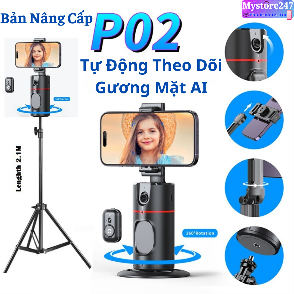 Gimbal Điện Thoại Xoay 360 P02 AI Tự Động, Quay video 360 Độ Theo Khuôn Mặt, Kèm Remote,, Livestream, Selfie