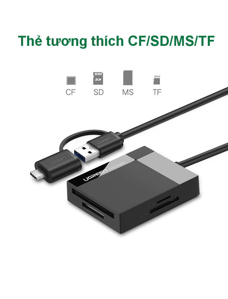 Đầu đọc thẻ hỗ trợ cổng 2 in 1 USB 3.0 / USB type C cho thẻ CF / SD / MS / TF chức năng OTG dài 50cm UGREEN CR125 Đầu đọc thẻ hỗ trợ cổng 2 in 1 USB 3.0 / USB type C cho thẻ CF / SD / MS / TF chức năng OTG dài 50cm UGREEN CR125