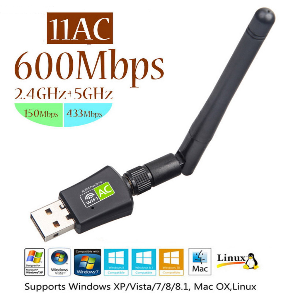 Usb thu sóng wifi tốc độ cao băng tần kép 2.4g / 5g 802.11ac 600mbps, có anten, thu phát sóng wifi 5g