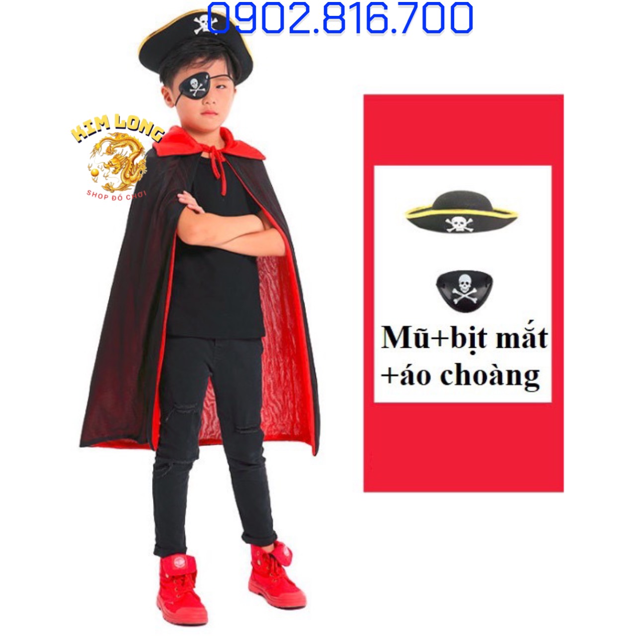 Set Áo Choàng cướp biển 2 lớp đỏ đen và nón và bịt mắt trang phục hoá trang cướp biển lễ hội Hallowe