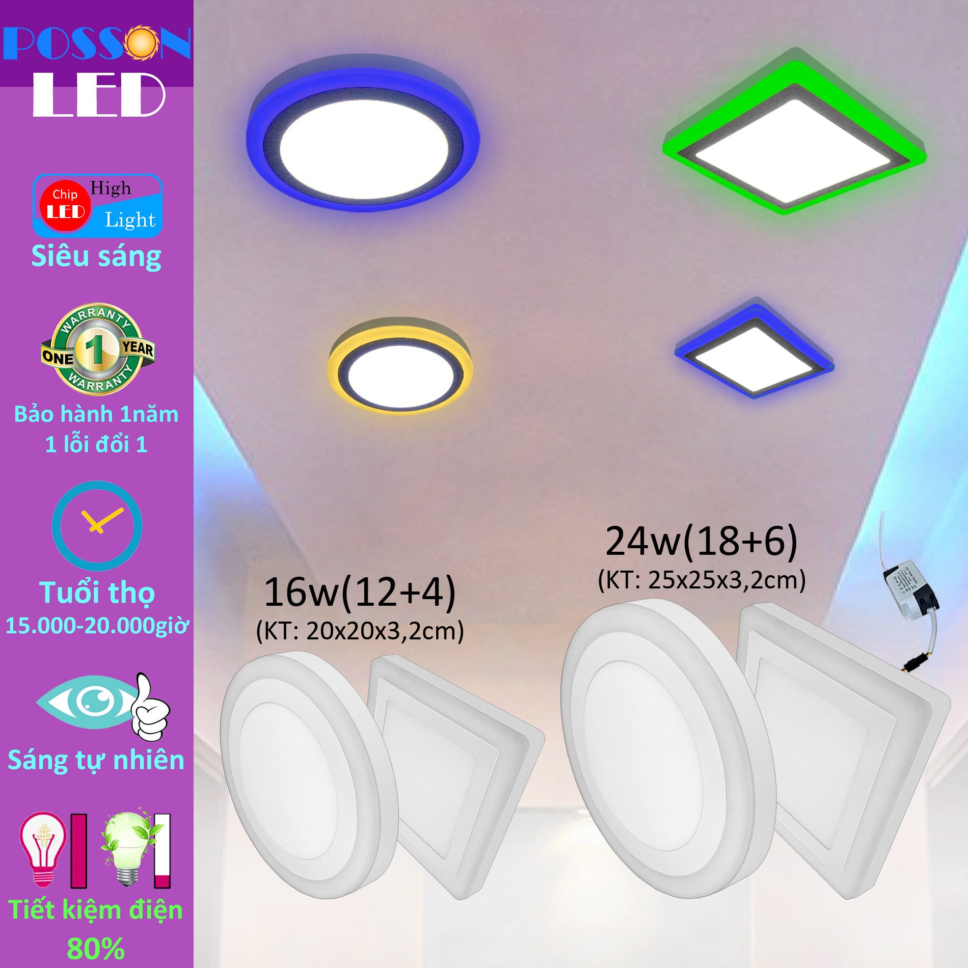 Combo 10 đèn led âm trần 9w siêu mỏng viền tròn 2 màu 3 chế độ lp-ri6+3x