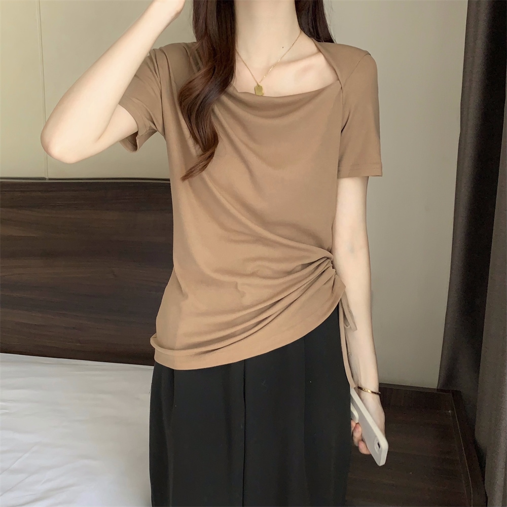 Large size women's irregular short sleeved T-shirt women's summer clothes Korean version fat sister covering her belly and showing thin top bottom shirt 200kg