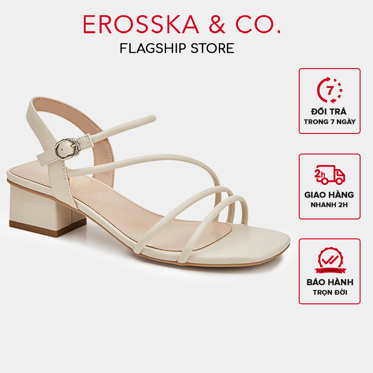 Erosska - Giày sandal cao gót hở mũi phối dây quai mảnh cao 5cm màu nude