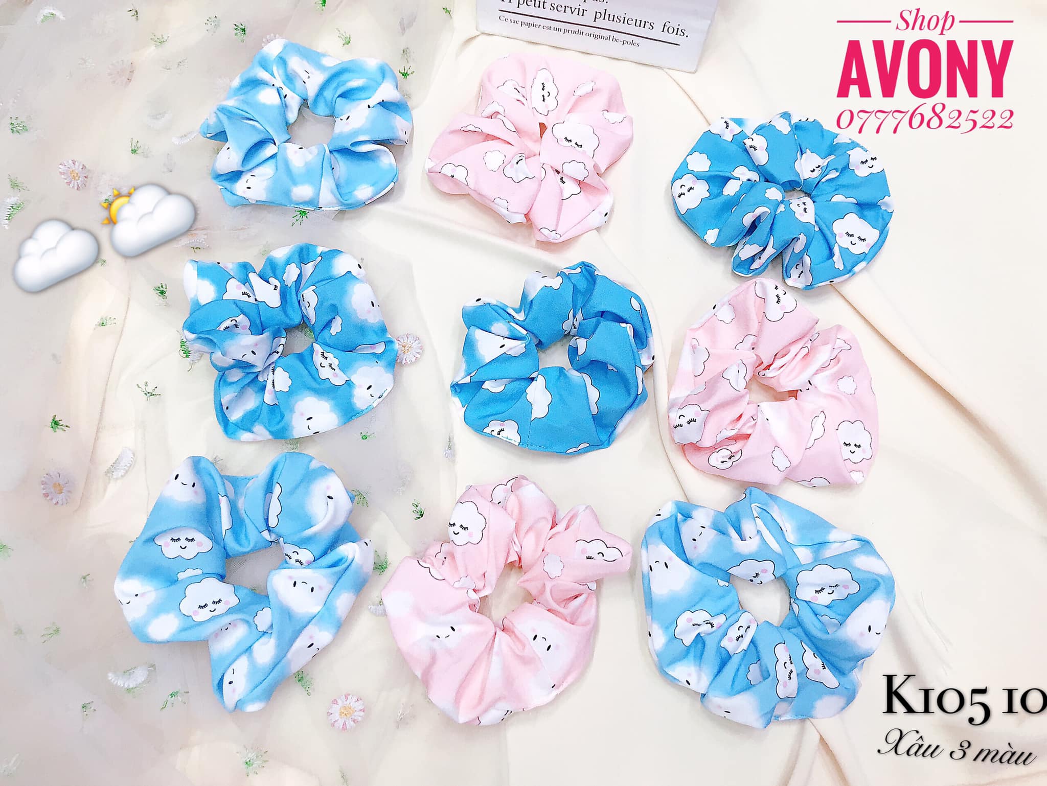 Cột tóc vải scrunchies hoạ tiết mây