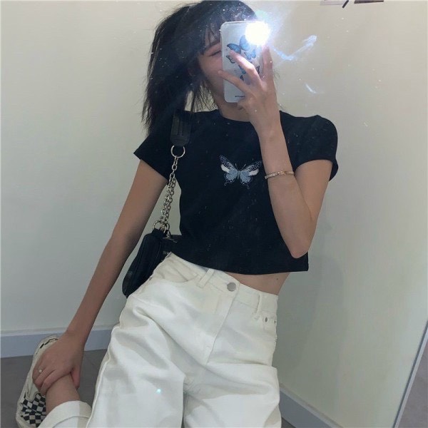 🦋🦋🦋 siêu hot 🦋🦋🦋 áo croptop cộc tay dưới 55kg thêu bướm 🦋🦋🦋 bản mới e3