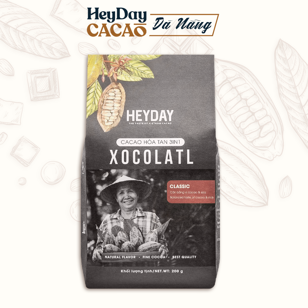 Bột cacao sữa 3in1 Xocolatl - Gu truyền thống Classic túi 200g - Đậm đà vị cacao, béo vị sữa - Thức uống dinh dưỡng, tiện lợi từ cacao - Heyday Cacao