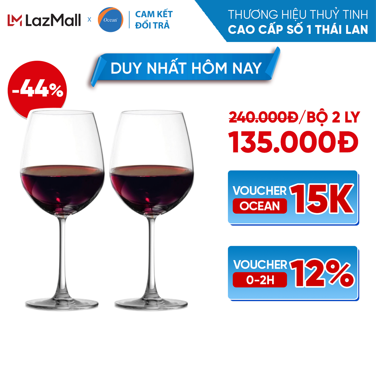 [Cam Kết Đổi Hàng Nếu Vỡ] - Bộ 2 Ly Uống Rượu Thủy Tinh - Ocean Madison Bourdeaux 600ml - Chính Hãng